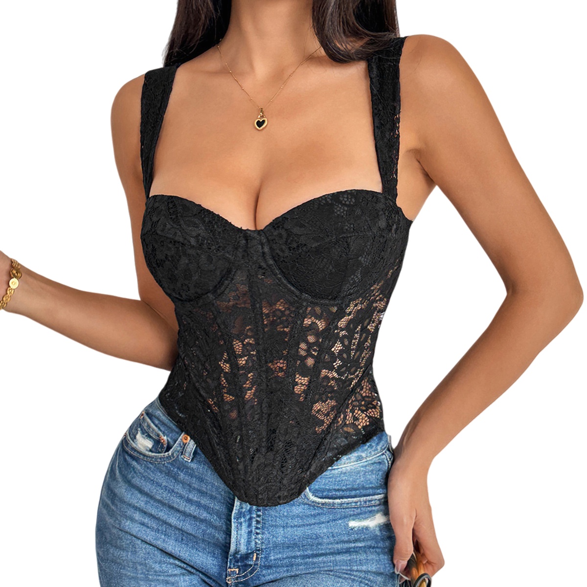 Womens Floral Lace Corset Top Sexy Black Mesh Transparent Bustier Vest